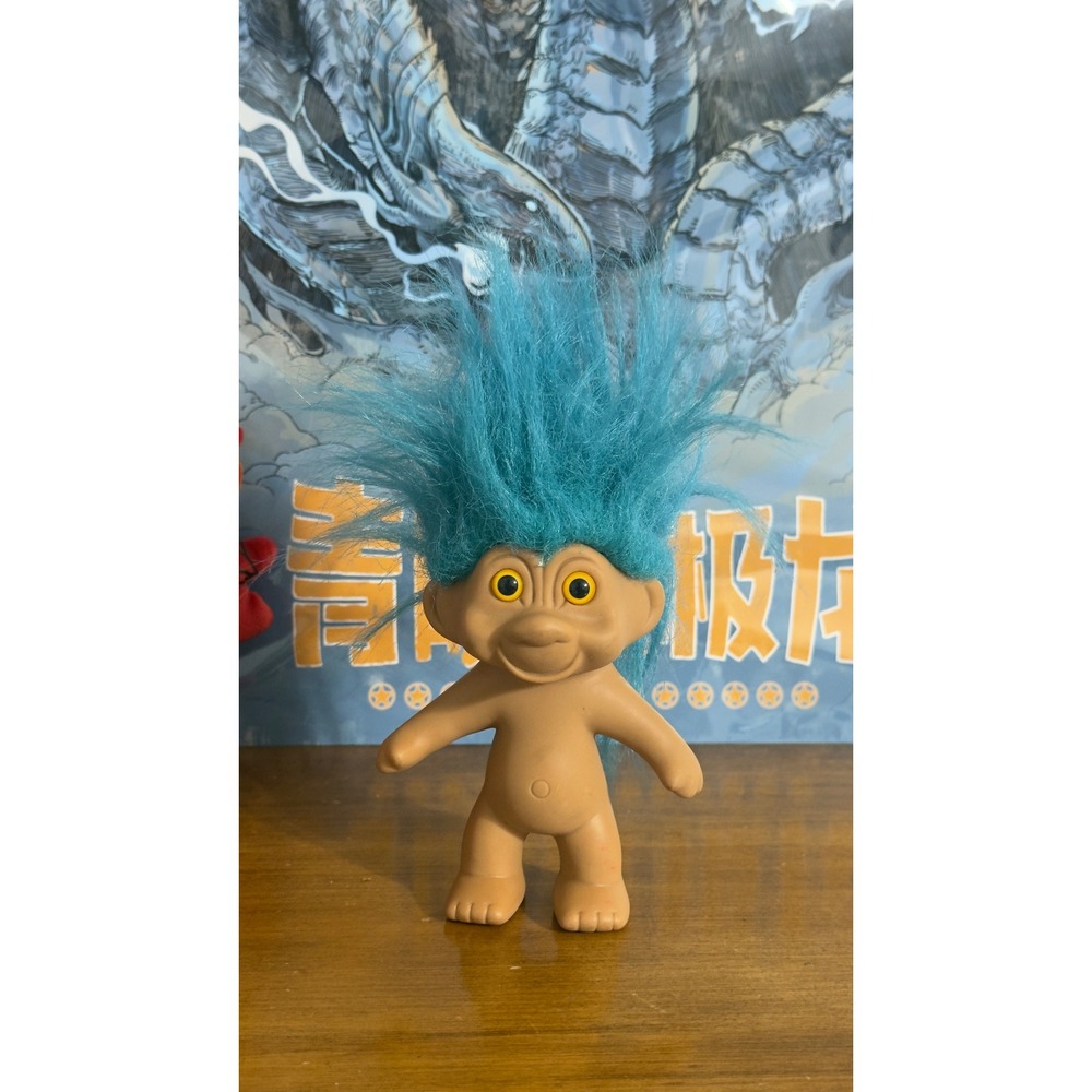 Vintage Russ Berrie Troll Doll Blue Hair Yellow Eyes Retro 90s Collectible Toy